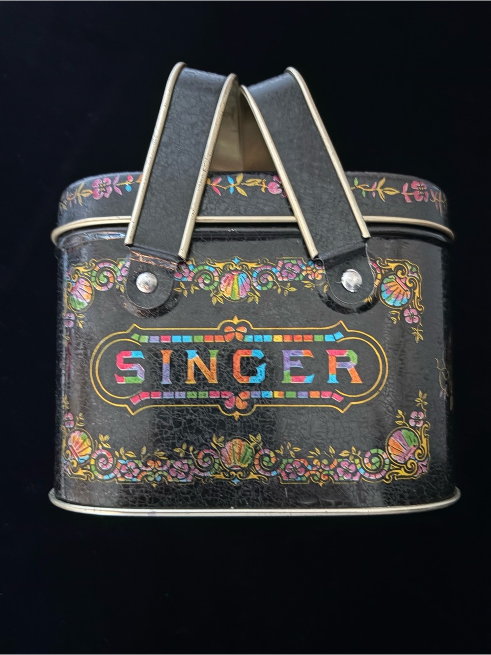 Black Decorative Storage Tin Basket with Floral Accents
